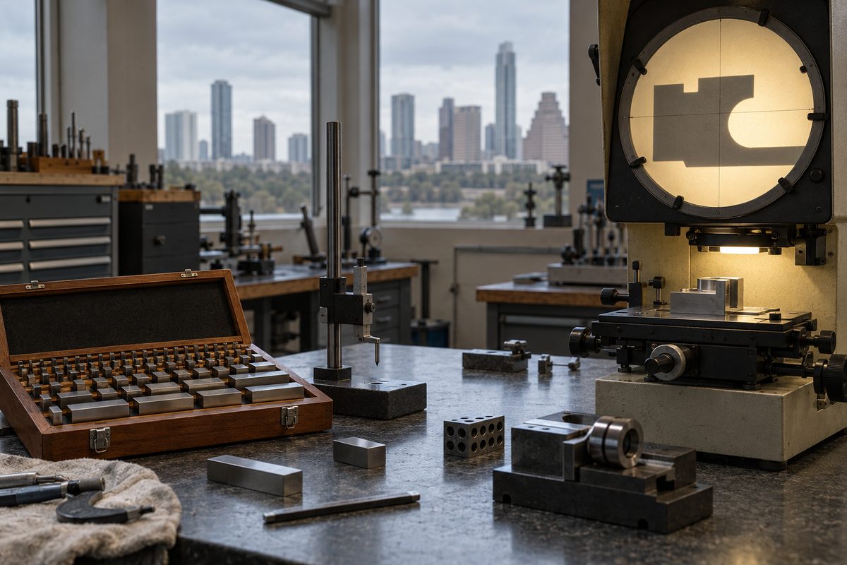 Quality control workstation with precision gauge blocks and optical measurement tools