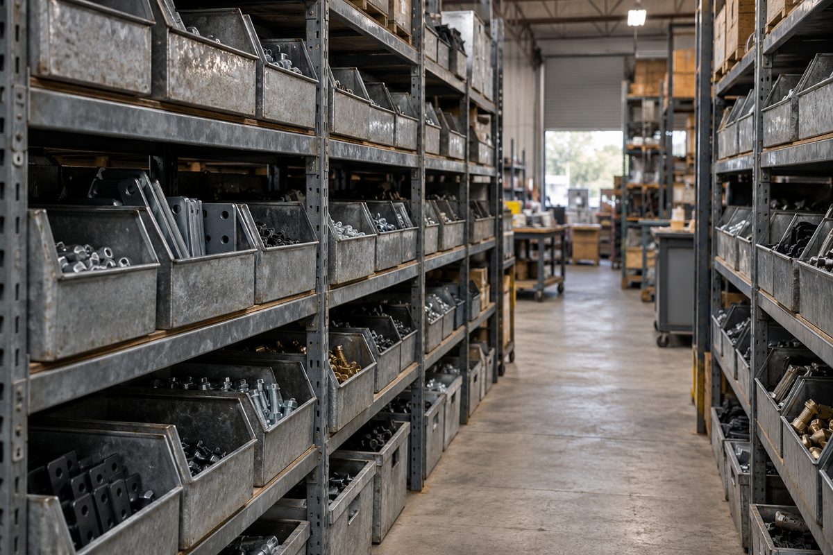 Galvanized parts shelving aisle with numbered storage bin compartments