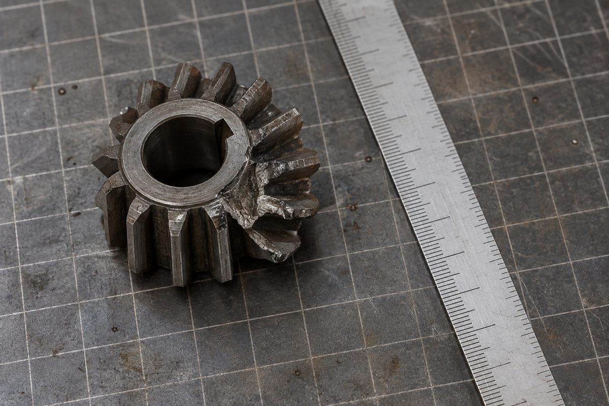 Damaged mechanical gear placed on calibrated grid board for photo identification